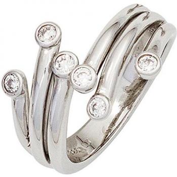 Silber-Perlenring JOBO – 925 Sterling Silber, rhodiniert, 6 Zirkonien – Größe 52