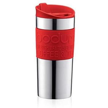 BODUM Compact 12oz Vacuum Mug – Stainless Steel, Red Lid, Carrying Band
