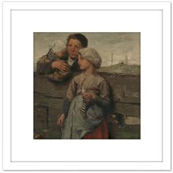Artery8 White Mount: Jacob Maris “Villagers” Child Painting – 8x8″ Wooden Frame