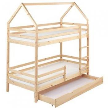 BELIANI Light Brown Pinewood Bunk Bed – 3′ Single, Two‑Seat Wooden House
