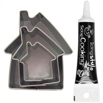 Black Icing Pen & 3 Mini Stainless Steel House Cookie Cutters
