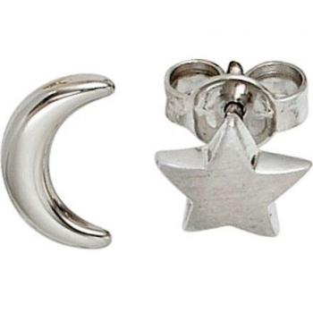 Ohrstecker Mond Stern 925 Sterling Silber Rhodiniert Mattiert