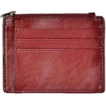 Ehsbuy Slim Credit Card Holder Wallet RFID Blocking Leather Zipper Coin Purse Keychain Wallet for Women & Men (Oil Wine Red)