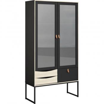 ANDAS Stubbe Glasvitrine – 2 Türen, 3 Schubladen, Leder-Griffe –