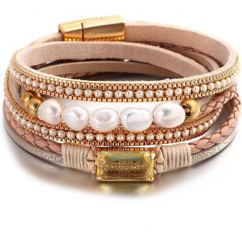 Bracelet double couche en cuir synthétique avec fermoir magnétique et perles