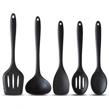 5-Piece Silicone Kitchen Utensil Set by StarCooks: Non-Stick, Heat Resistant, Easy to Clean, Includes Turner, Ladle, Spoonula, Slotted Spoon & Spoon (Black)