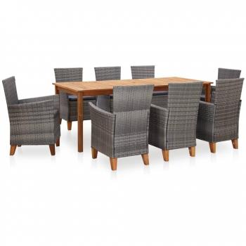 9 Piece Outdoor Dining Set Poly Rattan and Solid Acacia Wood Grey