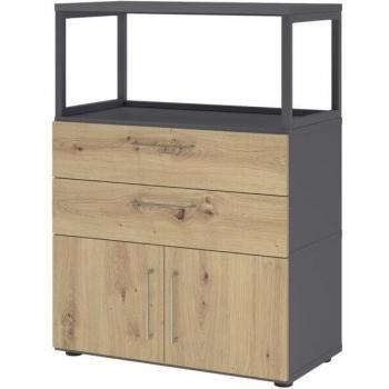 Armoire combinée Hammerbacher à trois tiroirs et cadre ouvert – graphite/chêne ambré