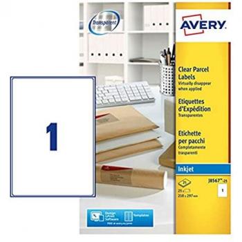 Avery J8567-25 Inkjet Clear Address Labels 210mm x 297mm