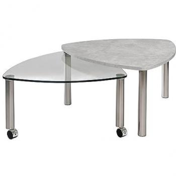 Rollbarer Couchtisch mit ausdrehbarer Platte in Betonoptik und Klarglas, 85 x 85 cm
