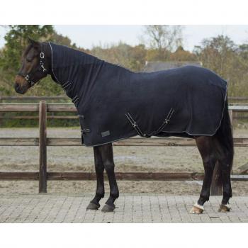 QHP Fleecedecke mit Halsteil und Kreuzgurten Blau + Schwarz (110 cm)