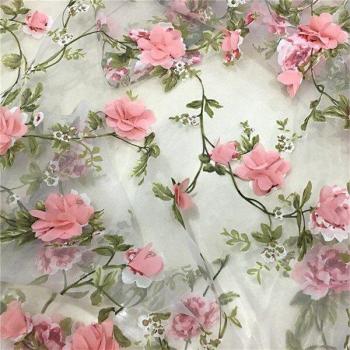 Prom Dress Organza Lace Fabric with Chiffon Rosette Flowers