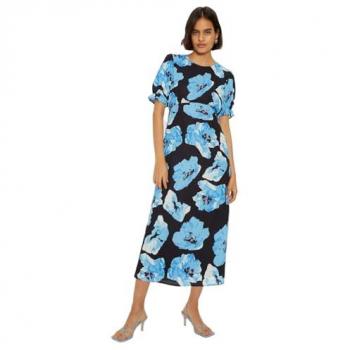 Oasis Women's Petite Blue Printed Midi Tea Dress with Short Sleeves