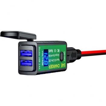 Cargador de Motocicleta USB Tipo C 3.1A/4.8A SAE con Interruptor y Medidor de Voltaje
