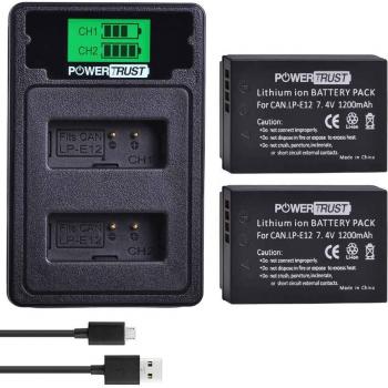 PowerTrust LP-E12 Battery Charger and 2 Batteries for Canon EOS M50, M100, 100D Kiss X7 Rebel SL1