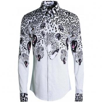 Men's Slim Fit Long Sleeve Shirt 100% Cotton with Polka Dot and Leopard Head Print 4XL