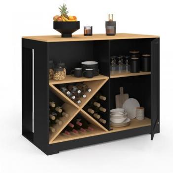 Table de bar VITO 113 cm en bois foncé, range-bouteilles, plateau hêtre