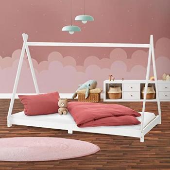 ML-Design Kinderbett Tipi Zeltbett 90x200 cm aus Kiefernholz mit Lattenrost, abenteuerliches Spielbett in Weiß