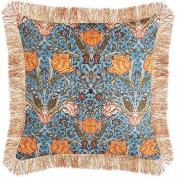 Modern Glamour Fringed Cushion 45x45 cm in Blue and Orange Floral Velvet
