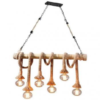 Lustre en Bois et Corde 6 Lumières Style Vintage