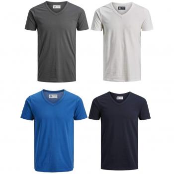 JJEBASAL Herren T-Shirt (Pack von 4) – V‑Neck, Regular Cut, M, Farben: White, Asphalt, Sky Captain, Classic Blue