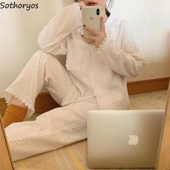 Pyjama à pois pour femmes, haut à manches longues, pantalon de nuit