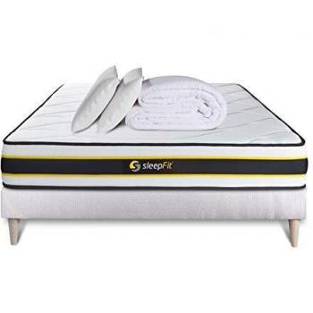 Pack sommeil complet 140x190 Matelas Flexy + sommier blanc + 2 oreillers mémoire de forme 60x40cm + couette percale 240x220 cm