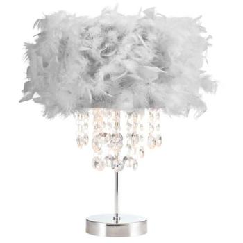 Soft Grey Feathered Chandelier Table Lamp – Waterfall Drop Design