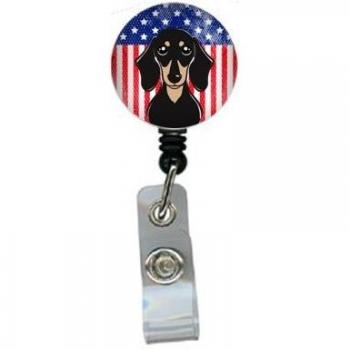 Retractable Badge Reel with Black and Tan Dachshund and American Flag