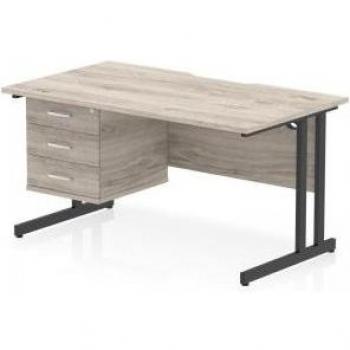 Impulse 1400x800mm Scalloped Office Desk – Grey Oak, Black Cantilever + 3D Pedestal