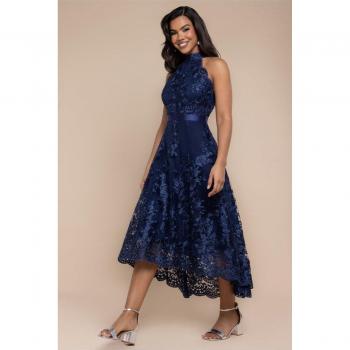 Goddiva Halter Neck Navy Lace Dress, High & Low