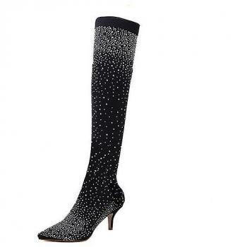 Chaussures femmes El Contente : bottes noires, talon 7 cm, pointe fine, tissu cristal