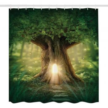 Cortina de Ducha Antimoho Rainbrace, 100% Poliéster, Efecto 3D, Impresión Digital, Impermeable con 12 Ganchos Blancos, Lluvia en la Montaña (180 x 180cm)