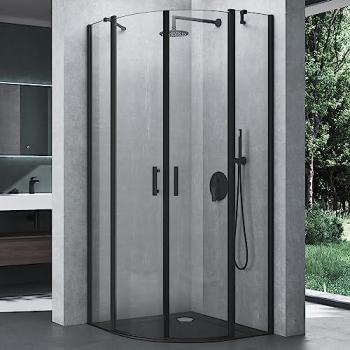 Cabine rôtie 100 × 100 cm : paroi semi-circulaire, verre noir transparent, système ESG Nano