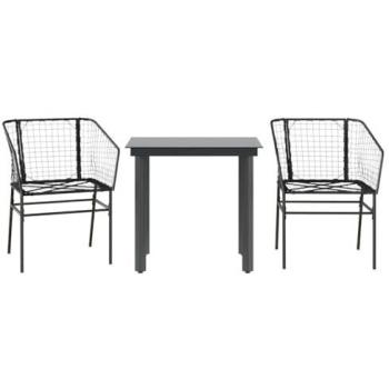 Polyrattan Nero + Vetro: Set Mobili da Pranzo Esterno 3 pz