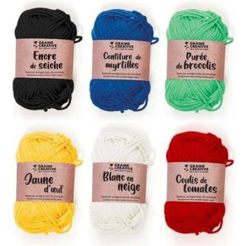 Uncinetto GRAINE CRÉATIVE: 55m di Cotone in 6 Colori (Bianco, Rosso, Giallo, Verde, Blu, Nero)