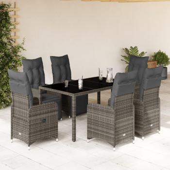 7 Piece Outdoor Bistro Set with Cushions in Grey Poly Rattan