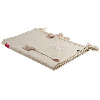 Lama Pattern Cotton Blanket, Beige and Pink, 130 x 180 cm, Handmade Bed Throw with Tassels