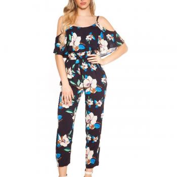 Saisonaler Blumige Coachella‑Jumpsuit, Cold Shoulder – S/M