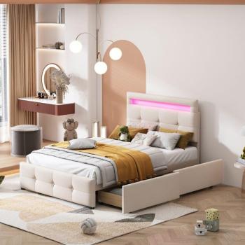 Lit Modfu 90x200 cm pour Enfant, 2 Tiroirs, Lin, Beige, Sans Matelas