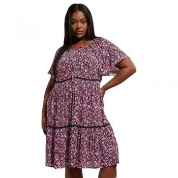 Yours Pink Ditsy Floral Tie‑Neck Mini Dress (Size 30/32)