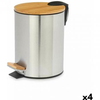 Contenitore per Rifiuti con Pedale Marrone Argento Bambù Acciaio Inossidabile 5 L