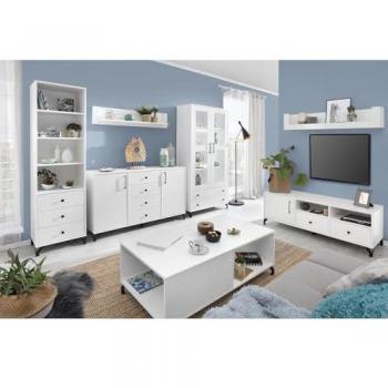 Wohnzimmer Komplett Set BEND-133, 7-teilig mit Beleuchtung in Weiß Glanz