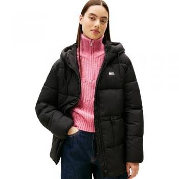 Tommy Jeans Midi-Steppjacke für Frauen, Hoodie‑Style, schwarz (S)