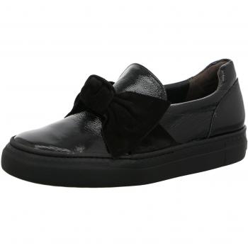 Leder‑Slipper Paul Green 4489‑051 für Damen: schwarze Schleife, lackierte Oberfläche, gepolsterte Sohle, Größe 4