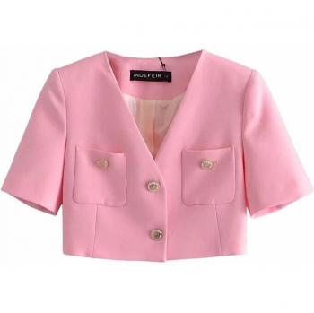 TRF Women's Pink Blazer Suit with Short Sleeves and Cropped Tops