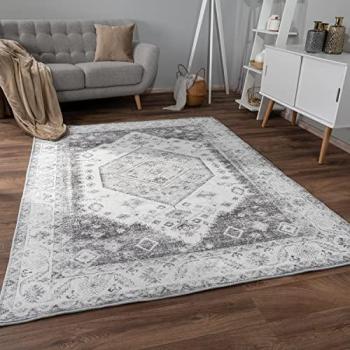 Teppich Wohnzimmer Kurzflor Rutschfest Weich Orientalisch Bordüre Ornament 120x160 cm, Grau 2