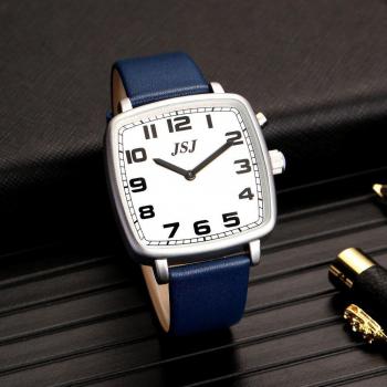 Reloj parlante con banda de cuero azul y esfera blanca TESW-1705