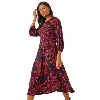 Robe rouge à imprimé floral mi-longue 46