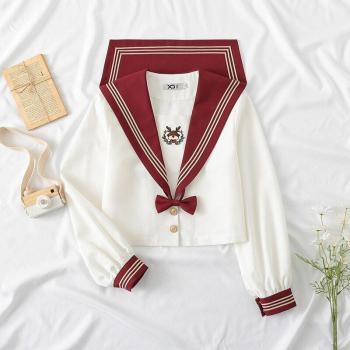 Summer Autumn Red Sailor Dress with Bear Embroidery for Women